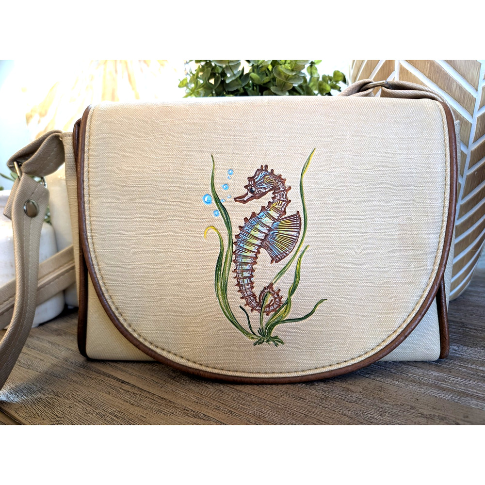 Vintage Florida Keys Seahorse Canvas Crossbody Bag Beige Coastal Beach Purse